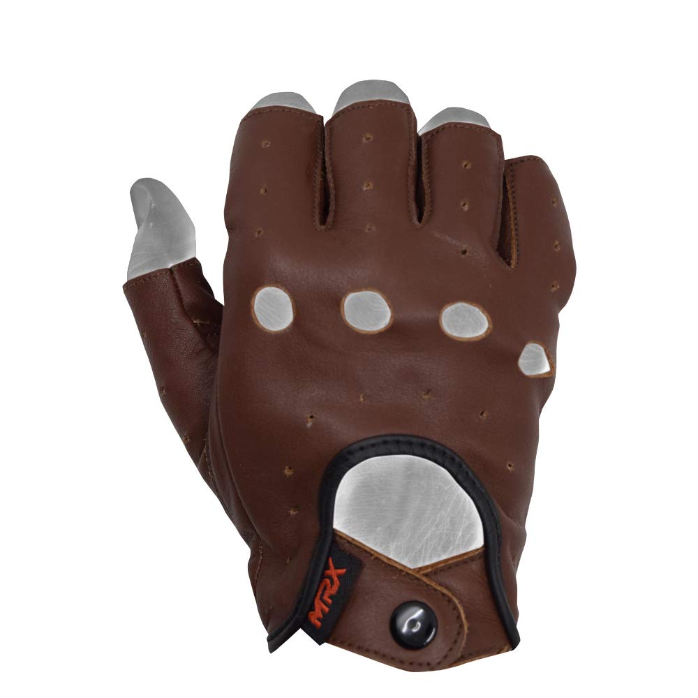 MRX BOXING & FITNESS Mens Driving Gloves Basic Soft Goat Leather Fingerless Breathable Biker Motorcycle Riding Cycling Shooting Button Gloves Half Finger, Brown (X-Large)