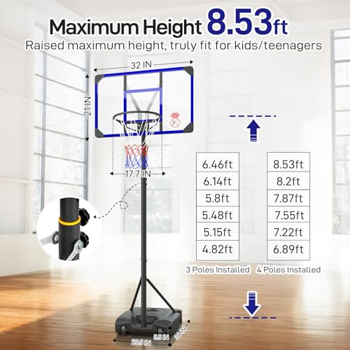 Yohood Kids Basketball Hoop Outdoor 4.82-8.53ft Adjustable, Portable Basketball Hoops & Goals for Kids/Teenagers/Youth in Backyard/Driveway/Indoor, with Enlarged Base and PC Backboard