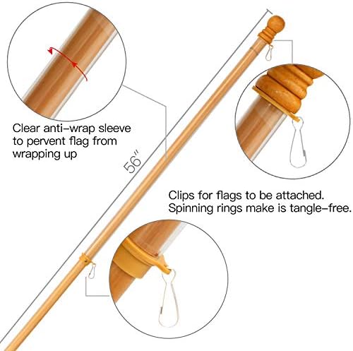 Anley 56" Pine Wooden House Flagpole - for Sleeve House Flags (28" x 40") - Wood Flag Pole with Tangle Free Design, Rotating Rings and Anti-Wrap Tube -Flag and Flagpole Holder NOT Included