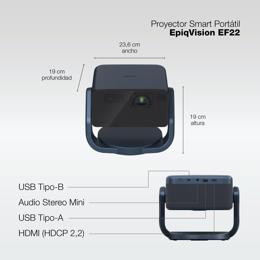 Epson EpiqVision Mini EF22 Portable Smart Laser Projector, Bright 1,000 Lumens, FHD 1080p HDR, 3-Chip 3LCD, Google TV, Netflix, Swivel Stand, Stereo Speakers, Outdoor Backyard/Home Theater - Blue