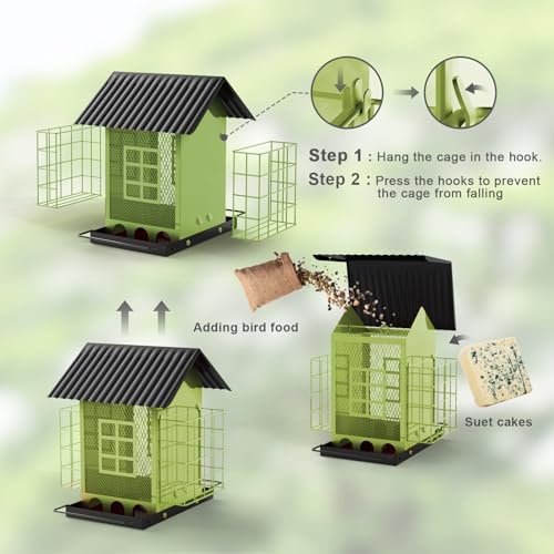 Bird Feeders for Outdoors Hanging, Metal Bird Feeder with Double Suet Cage Cake, Large Capacity, Birdfeeders Sturdy & Weatherproof, Easy to Clean & Refill, Great for Attracting Wild Birds