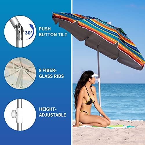 AMMSUN Beach Umbrellas for Sand Heavy Duty Wind Portable, 6.5ft Outdoor Umbrella with Sand Anchor and UV Protection, Parasols Includes Carry Bag for Beach, Patio, and Garden, Yellow Stripes