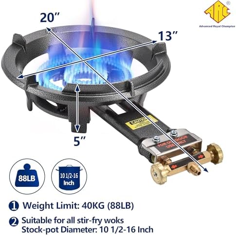 ARC Outdoor Propane Burner Stove, 13" Single Propane Burner, Cast Iron Portable Wok Burner With Bilateral Control Rings and 0-20 PSI Adjustable regulator, Stainless Steel Hose