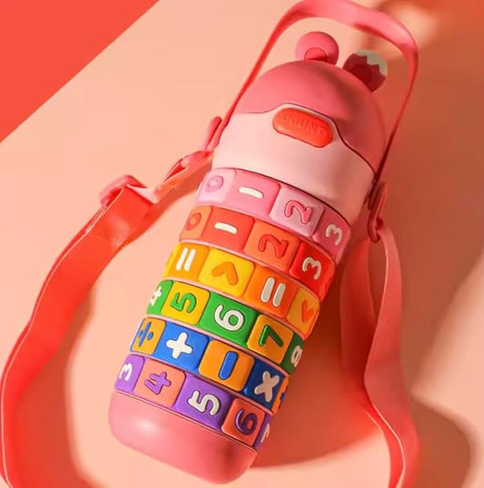 Kids Premium 14 oz Math Water Bottle with Silicone Spout, Leak-Proof Locking Flip Lid, Carrying Strap, Educational, Fun, Learning, Puzzle, Insulated, Stainless Steel Thermos, Sensory, Fidget. (Pink)