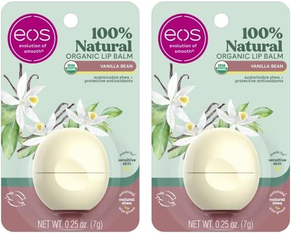 eos 100% Natural & Organic Lip Balm Sphere- Vanilla Bean, All-day Moisture, Dermatologist Recommended for Sensitive Skin, Lip Care Products, 0.25 oz (Pack of 2)