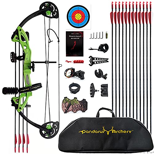 PANDARUS Compound Bow Archery for Youth and Beginner, Right/Left Handed,19”-28” Draw Length,15-29 Lbs Draw Weight, 260 fps, Package with Archery Hunting Equipment Carry Case（Green Right Handed Pro）