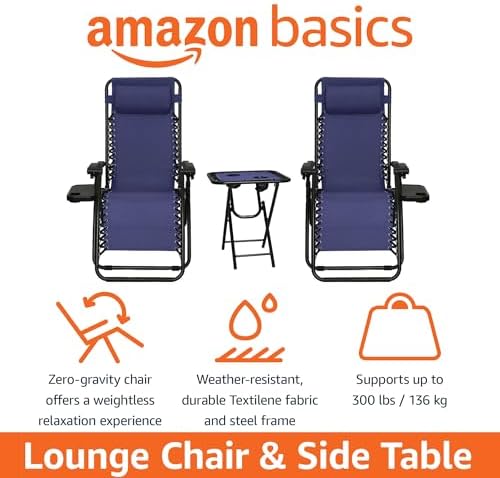 Amazon Basics Outdoor Textilene Adjustable Zero Gravity Folding Reclining Lounge Chair Set with Side Table, pack of 2, Blue