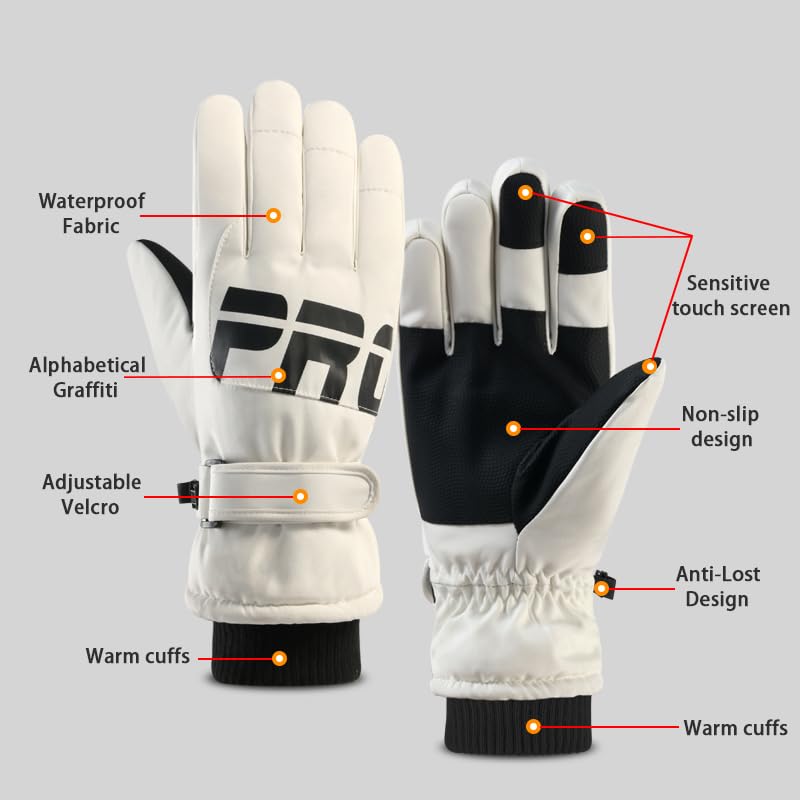 ANJMEICH Ski Sports Gloves, Fleece Warm, Anti-Slip Wear, Touch Screen, Outdoor Sports Gloves (White)