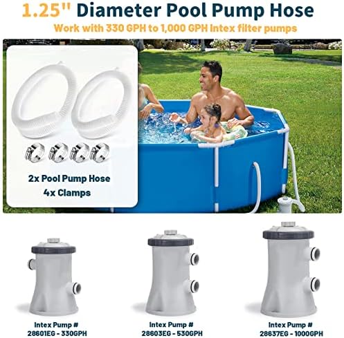 1.25" Pool Hose Replacement for Intex Pump - 59" Long Hose for Intex Filter Pump 607, 637, 1.25" Pool Connection Hose for Above Ground Pools 330GPH 530GPH 1000GPH Filter Pump (2 Hoses with 4 Clamps)
