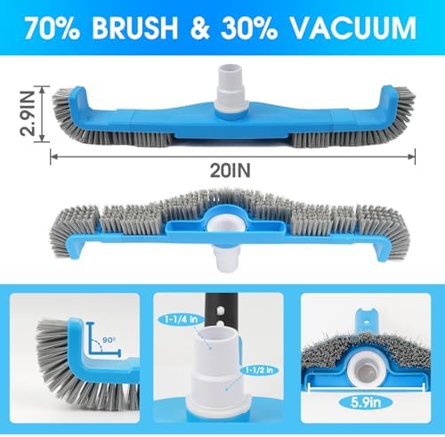(2025 Upgraded) 20" 2 in 1 Pool Brush Vacuum Head with Swivel Hose Connection & Sturdy Nylon Bristles for Heavy Duty Inground & Above- Ground Pool Cleaning - Connecting 1-1/4" or 1-1/2" Hose (No Pole)