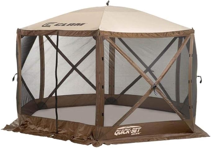 CLAM Pop Up Screen Tent & Shelter, Outdoor Camping Gazebo w/ 6 Wind Panels, 11.5', Brown