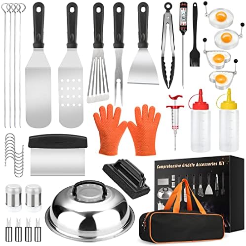 39PCS Griddle Accessorie Kits, Outdoor Grilling Tools for Blackstone and Camp Chef, Stainless Steel BBQ Accessorie Grill Spatula Set With Basting Cover Chopper, Scraper, Bottle, Tongs, Egg Mold