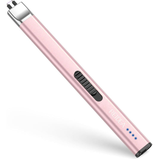 REIDEA Electronic Candle Lighter R1 Flat Lighter, Windproof Flameless USB Rechargeable Arc Lighter with Safe Button and Power Indicator for Candle, BBQ and Fireworks, Rose Gold