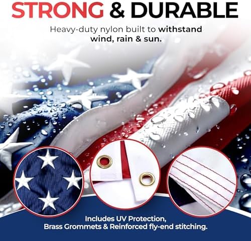 American Flag for Outside Heavy-Duty US Flag with Embroidered Stars Reinforced Nylon USA Flag Built for Outdoors Sewn Stripes UV Protection Brass Grommets (3x5 ft)