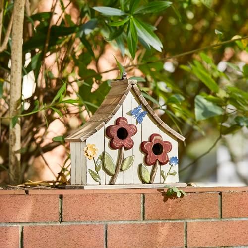 Glitzhome Hanging Birdhouses for Outside,10.75" L Distressed Solid Wood Birdhouse with 3D Flowers Rustic Two-Story Townhouse Hand-Painted Bird Houses for Outdoors,Washed White