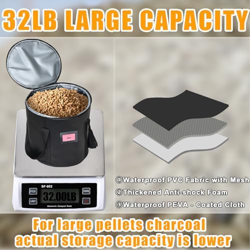 32LBS Wood Pellet Storage Containers for Smoker,Stay Dry Wood Pellets Storage Bin Compatible With Traeger/pit boss Pellet,Portable charcoal storage container bin feature Anti-Shock & Crack