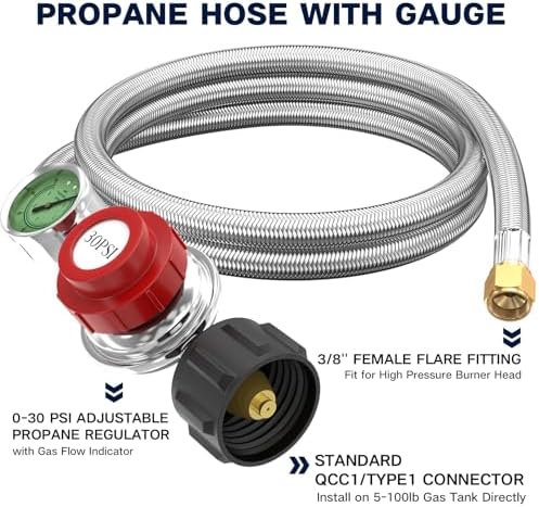 5FT 0-30 PSI Adjustable High Pressure Propane Regulator with Gauge 0~60PSI Gas Flow Indicator QCC1 Stainless Propane Hose with 3/8 Flare x 1/8 MNPT Fits for LP Gas Cooker, Burner, Smoker, Turkey Fryer