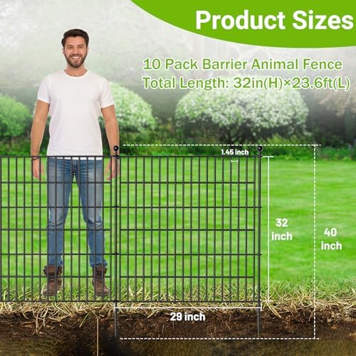 10 Panels No Dig Decorative Outdoor Garden Fence for Yard, 32 in(H) X 23.6 ft(L) Animal Barrier Fencing Rustproof Metal Wire Panel Border for Dog, Rabbits, and Patio Temporary Ground Stakes