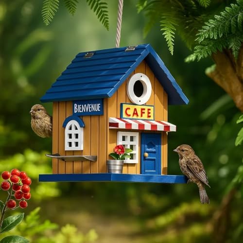 Colorful Bluebird House - Solid Cedar Wood Bird House + Feeder - Stainless Hardware - 2 Optional Hole Size 1.5" /1.25" - Post Mountable Multi-Functional (American Cafe)