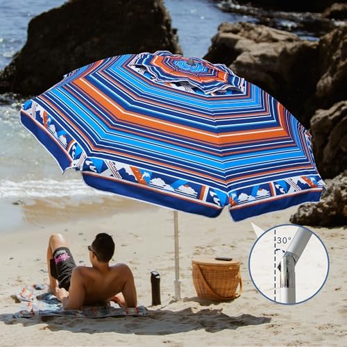 AMMSUN 7ft Heavy Duty High Wind Beach Umbrella Parasols with sand anchor & Tilt Sun Shelter, UV 50+ Protection Outdoor Sunshade Umbrellas Carry Bag for Patio Garden Pool Backyard Multicolor