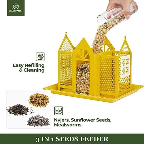 Kingsyard Bird Feeder House for Outside, Metal Mesh Wild Bird Feeder with Triple Feeders for Finch Cardinal Chickadee, Large Capacity, Weatherproof and Durable, Yellow