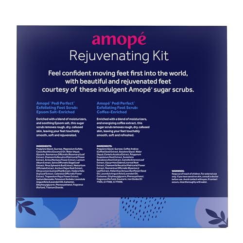 Amopé Rejuvenating Kit - Contains Exfoliating Sugar Foot Scrubs with Epsom Salt, Coffee and a Nourishing Blend of Moisturizers to Rejuvenate, Smooth, Soothe & Relax your Feet, with Foot & Leg Scrubber