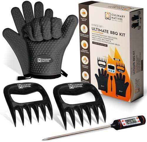 Meat Claws and Smoker Gloves | No.1 Extreme Heat Resistant BBQ Grill Gloves | Non-Slip Waterproof Silicone Oven Mitts | Pulled Pork Claws | Thermometer | Barbecue, Grilling, Smoking, Shredding (Black)