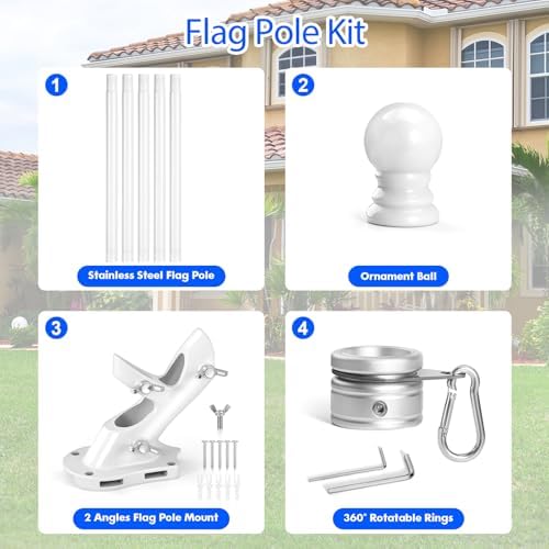 Anovo Flag Pole Kit- Stainless Steel 6 FT Flag Poles with1 Inch Metal 360° Rotating Flag Pole Rings Clip, Two-Position Flag Pole Holder Brackets Mounting for Outside House Outdoor Porch(6 FT - White)