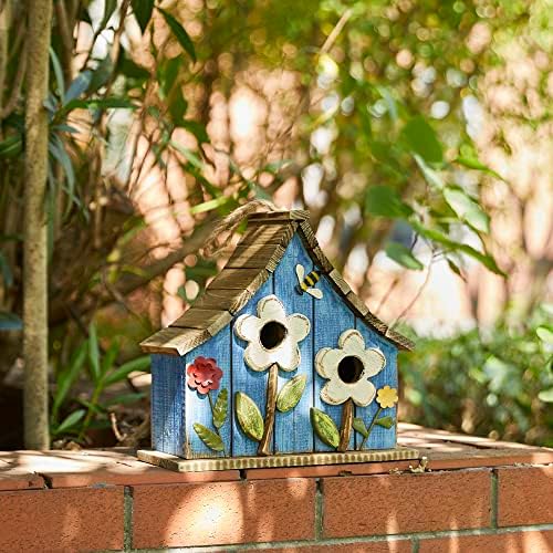 Glitzhome Hanging Birdhouses for Outdoors, 10.75" L Distressed Solid Wood Birdhouse with 3D Flowers Rustic Hand-Painted Bird Houses for Outside