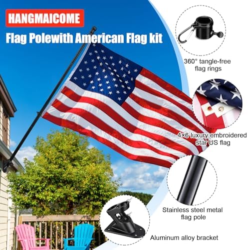 American Flag with Pole for Outside - 6FT Heavy Duty Tangle Free Flagpole Kit,4x6FT Embroidered Stars US Flag, 2 Position Metal Mounting Holder for House, Front Porch, Outdoor Patriotic Display