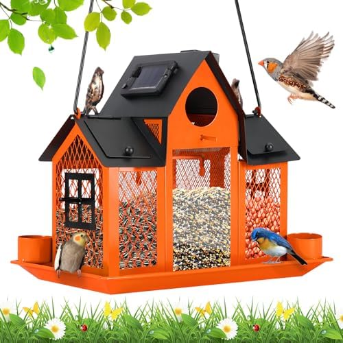 Solar Bird Feeders House for Outside Hanging, Metal Wild Bird Feeder for Outdoors, Large Cardinal Bird Feeder Birdhouses Orange