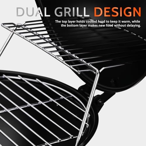 MBY 14 inch Portable Barbecue Grill with Dual Venting System, Small Foldable Charcoal Grill with Warming Rack for Picnic, Camping, Backyard-Black