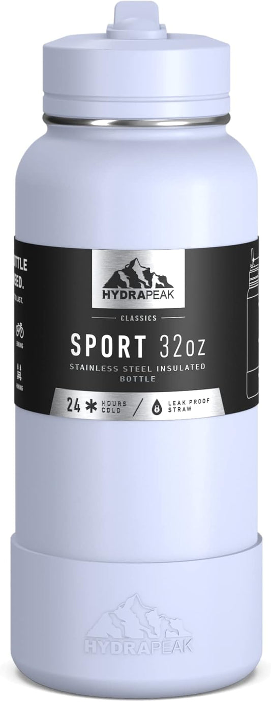 Hydrapeak 32oz Sport Insulated Water Bottle with Straw or Chug Lid, Leak & Spill Proof, Keeps Drinks Cold for 24 Hours, Hot for 12 Hours, Premium Stainless Steel Water Bottles (32oz, Ice)