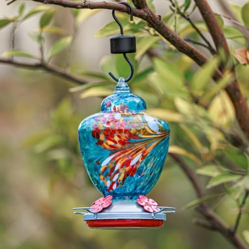 REZIPO Hummingbird Feeder with Perch - Hand Blown Glass - Blue - 38 Fluid Ounces Hummingbird Nectar Capacity Include Hanging Wires and Moat Hook