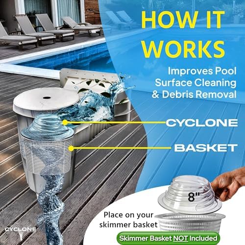 The Skimmie Cyclone (Skimmer Basket NOT Included) - Turbocharges Pool Skimmer Water Flow - Improves Pool Surface Cleaning & Debris Removal - 8" Funnel Design Works with Any Pool Water Level