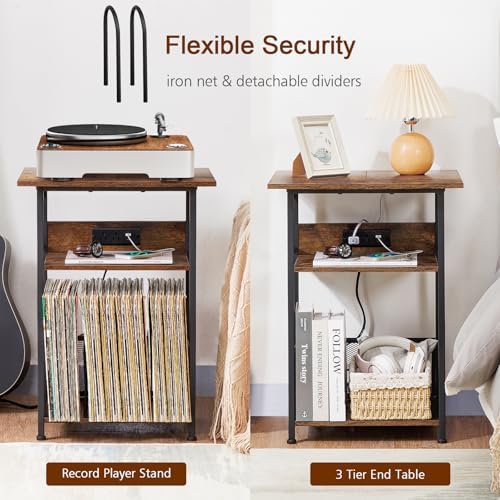 AMHANCIBLE Record Player Stand with Charging Station, Large Turntable Stand with Storage Cabinet, 3 Tier End Table Hold Up to 100 Albums, Record Stand for Vinyl, Living Room, Brown, HETCD012BR-1