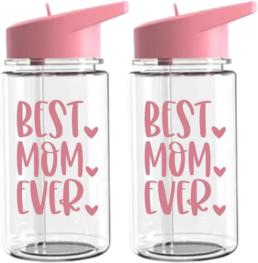 Best Mom Ever 12 oz Water Bottle with Straw - Clear BPA-Free Plastic - Ideal Mother's Day and Birthday Gift - Pink Lid