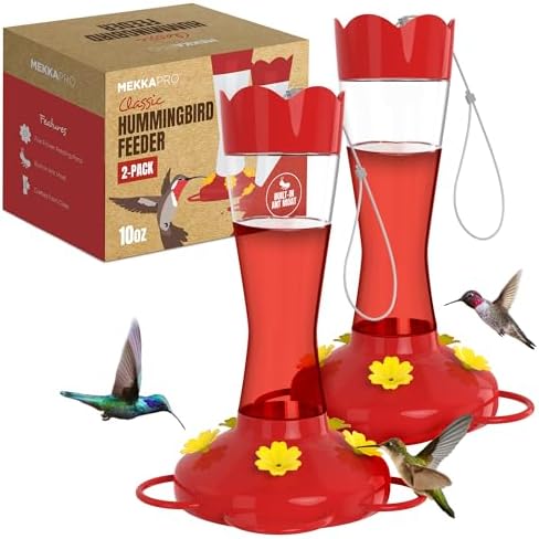 MEKKAPRO Two-Pack Hummingbird Feeders for Outdoors Hanging Made from Glass, 10oz, Hanging 5 Nectar Feeding Stations, Top Fill Hummingbird Feeder, Bright Red, Backyard Feeder (10 Ounce - 2 Pack)