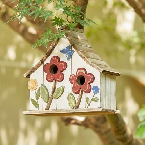 Glitzhome Hanging Birdhouses for Outside,10.75" L Distressed Solid Wood Birdhouse with 3D Flowers Rustic Two-Story Townhouse Hand-Painted Bird Houses for Outdoors,Washed White