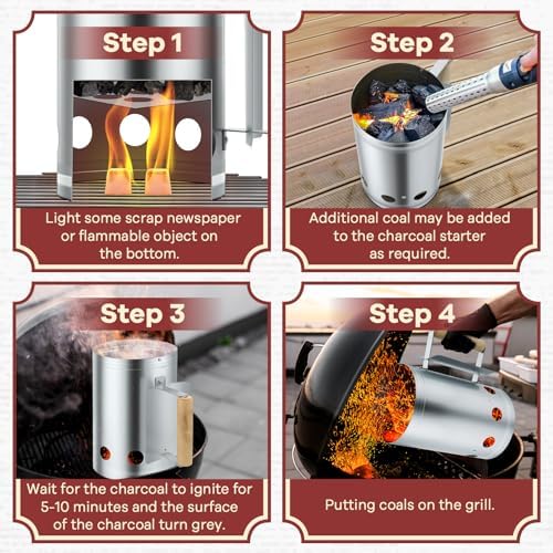 Leonyo Charcoal Chimney Starter, Heavy Duty BBQ Chimney Starter Perfect for Charcoal Grill and BBQ, Sturdy and Easy to Use BBQ Grill Tool for Rapid Fire Starter, Heat Resistant Wooden Handle, Silver