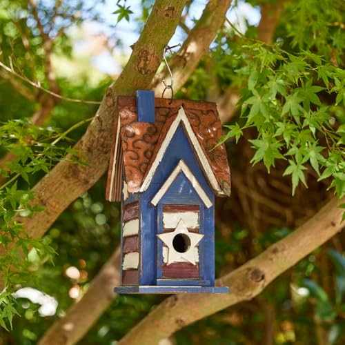 Glitzhome 12.25" H Patriotic Solid Wood Hanging Birdhouse for Outside, Decorative Pet Cottage Villa Distressed Wooden Bird House with 3D Star for Garden Patio Backyard