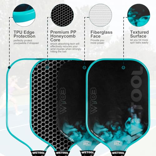 WETOOL Pickleball Paddles Set of 2/4, USAPA Approved, Foam Moulding 5.5" Elongated Handle, Textured Surface, Lightweight, 16mm Fiberglass Pickle Ball Rackets 2 Pack for Beginners