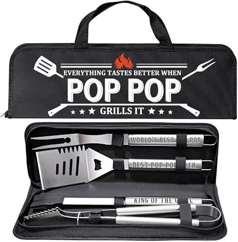 Pop Pop Gifts from Grandkids, Gifts for Poppop Fathers Day, Grilling Accessories, Heavy Duty Stainless Steel Grill Set BBQ Grill Tools for Outdoor Grill with Aluminum Case, Camping Grill Utensils Set
