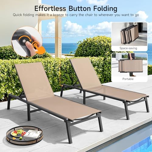 Aluminum Chaise Lounge Chair Outdoor, Foldable & Assembly Free Outdoor Lounge Chair with 5 Position Adjustable Backrest, Patio Pool Lounge Chairs for Outside Poolside Beach Lawn, 1PC, Khaki