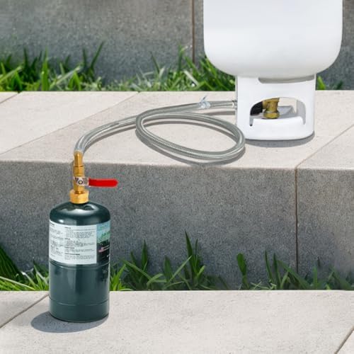 Propane Adapter for 1 lb. Tanks with Tank Gauge & Control Valve, 3 FT Propane Refill Stainless Steel Hose with 4 Bottle Caps, Fill 1 Pound Bottles from 5-40lb Tank