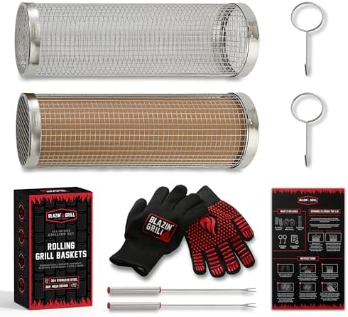 BLAZIN' GRILL Rolling Grill Basket | Rolling Grilling Baskets for Outdoor Grilling 2 Pcs | Barbecue Grill Set with BBQ Gloves | Portable Camping Net Rack Perfect for Vegetables, Seafood & Meat
