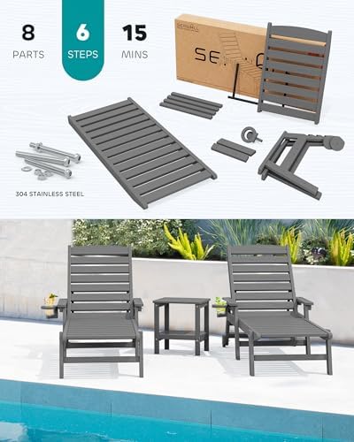 SERWALL Patio Chaise Lounge Chair Set of 2, 78'' Long 5-Positions Adjustable HDPE Outdoor Lounger for Pool, Poly Lounge Chair with Rolling Wheels & Cup Holder for Poolside, Deck, Slate Gray