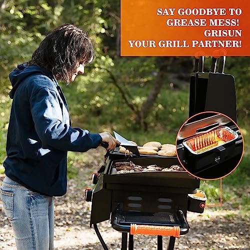 GRISUN Grease Catcher for Blackstone Griddle 17, 22, 28, 30 & 36 inches, 20 Pack Grease Cup Liners, Disposable foil drip Pans for Blackstone Flat Top Grill, Grill Accessories Kit, 3 Different Hooks