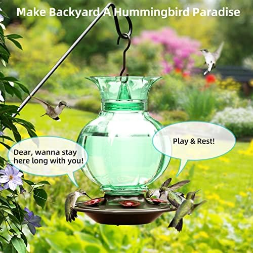 Auslar Hummingbird Feeder, Green Glass Hummingbird Feeder for Outdoors Hanging with Ant Moat, 5 Simulation Flowers Feeding Ports, 23 Ounces, Rustproof, Fade Proof, Pomegranate Shape, 2 Pack