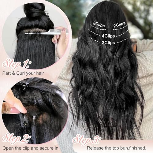 ALXNAN Clip in Long Wavy Synthetic Hair Extension 20 Inch Light Brown Mixed Blonde 4PCS Thick Hairpieces Fiber Double Weft Hair for Women